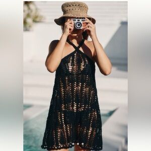 Anthropologie NWOT black crochet beach coverup dress pool swim boho Small Petite